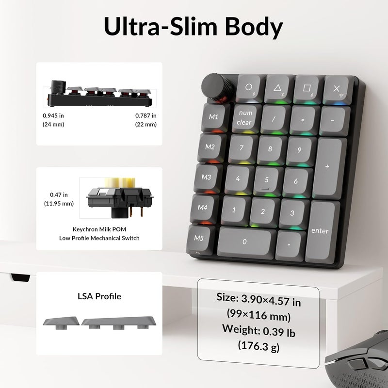 Keychron K0 Max Wireless Low-Profile Number Pad, QMK/VIA Programmable, Hot-Swappable Banana Switch, RGB Backlit, 2.4GHz & Bluetooth 5.3, 1000Hz Polling Rate, with Knob, for Windows/Mac - Image 4
